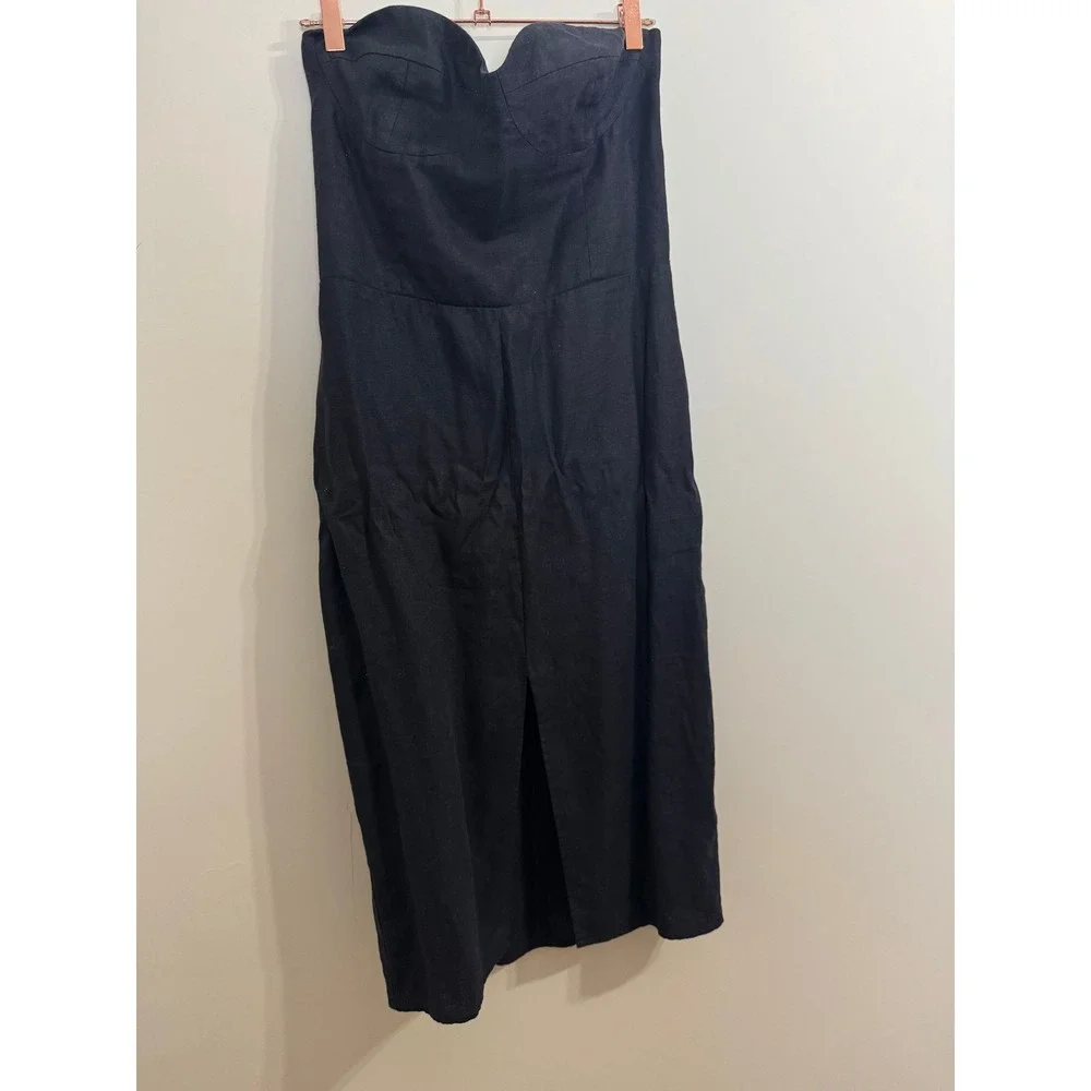 Reformation Black Linen Strapless Bustier Midi Dress with Front Slit - Picture 4 of 10